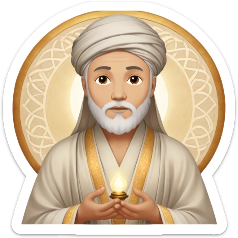 Cinematic Realistic Rumi Portrait Emoji, depicted as a mystical poet with soulful eyes and flowing traditional robes, rendered with delicate textures and ethereal soft lighting that captures his transcendent spiritual wisdom. sticker