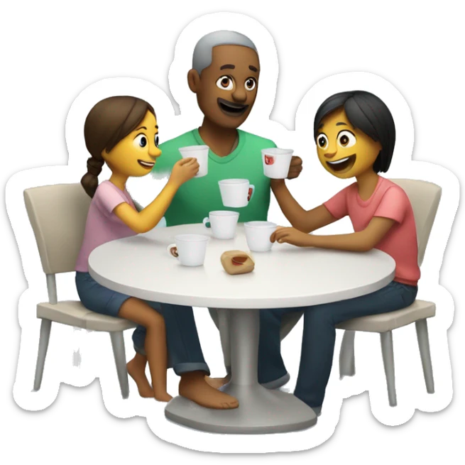 An emoji of a family—mother, father, and child—sitting at a table, playing a cup game with paper cups arranged on the table as they have fun together sticker