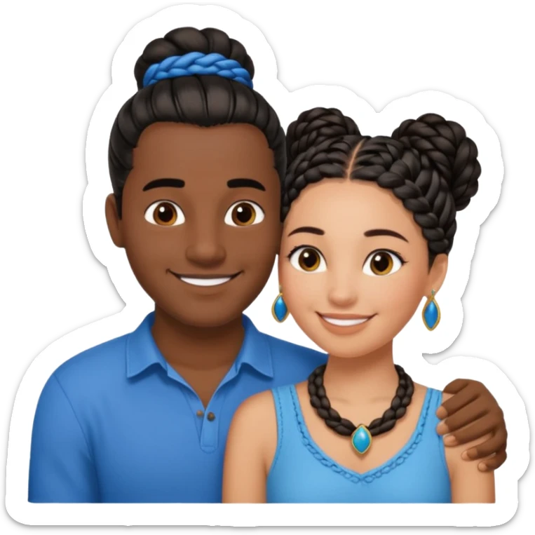 smiling embracing interracial couple from waihair in a bunn in a bunst up. dark ebony woman with long braided hair and jewelry. brazillian man short hair wearing blue. sticker