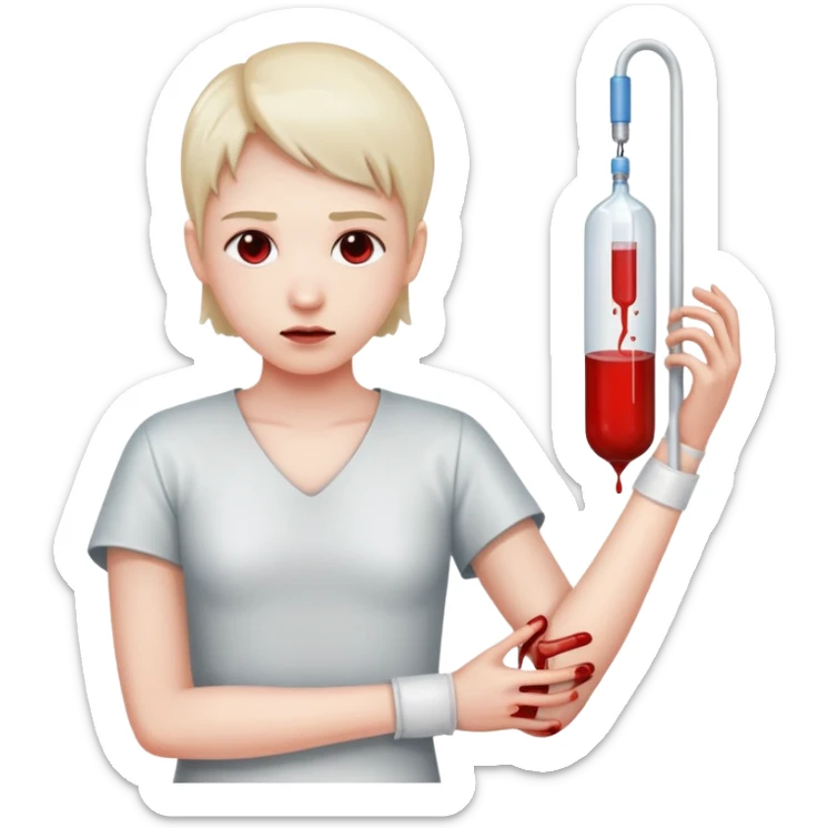 person with a calm expression, blood bag hanging beside them, tube connected to their arm sticker