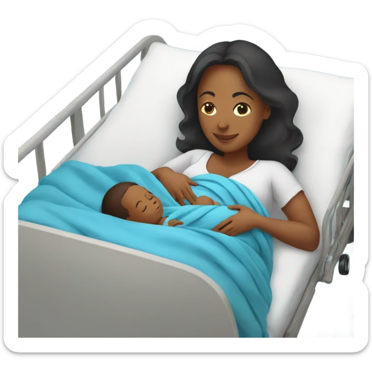pregnant women holding her newborn baby in a blue swaddle blanket and she in laying down on a hospital bed  sticker