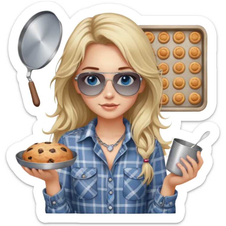 girl with long blond messy hair wearing grey plaid shirt with blue eyes and aviator sunglasses wearing a ring on her silver necklace, holding baking supplies sticker