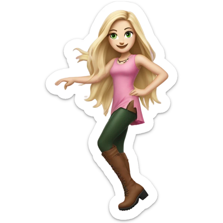 Realistic White girl with Long straight blonde hair, green eyes, tattoos, full body wearing pink dress and Brown knee-high leather boots, dancing sticker
