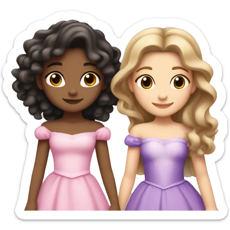two princesses hugging, one with light brown hair that’s long and straight and light skin and the other with black curly wavy hair with olive skin one in pink and the other princess in pink and purple sticker