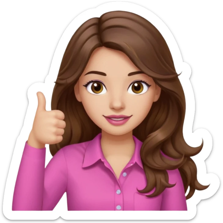 girl with long wavy brown hair, brown eyes, light to medium complexion, in a pink shirt, pink lips, long lashes, thumbs up sticker