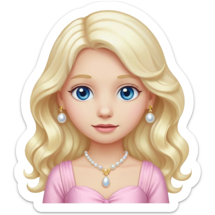 girl emoji with long wavy platinum blonde hair, blue eyes, pale peachy-pink skin, pastel pink fancy dress #f3c3cf, pearl hair clip, and gold jewelry sticker