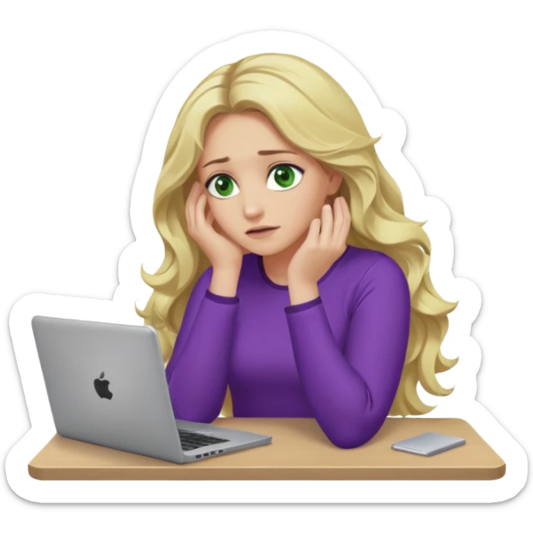 lady with long blonde wavy hair, purple top, green eyes,one elbow one desk hand on face with a laptop looking defeated sticker