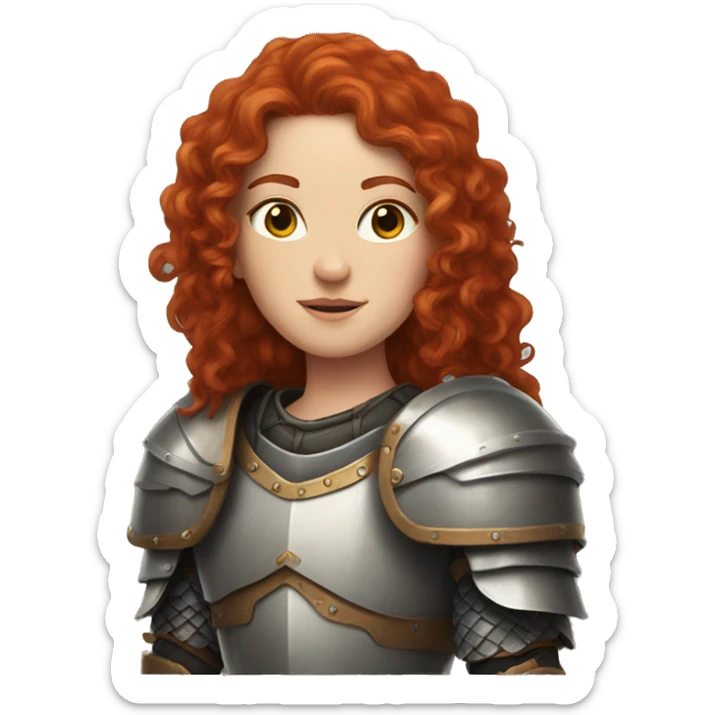 a white girl with long red curly hair and freckles, wearing armor sticker