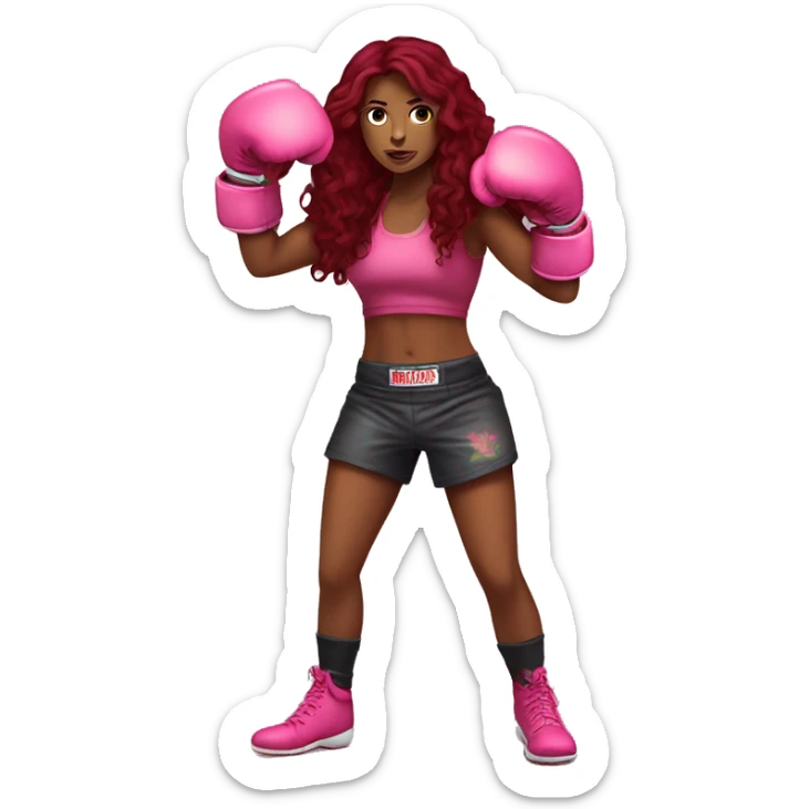 Beautiful tattooed  burgundy long haired woman boxing with pink gloves sticker