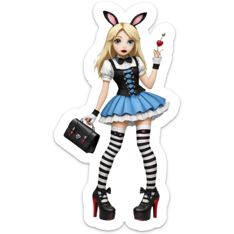  3d rendering,  ultra detailed, Alice in wonderland modern style in a punk gothic style outfit, stripped knee high socks, gothic platform heels, long blonde hair, eyeliner, red lipstick, falling through rabbit hole,  transparent background
 sticker