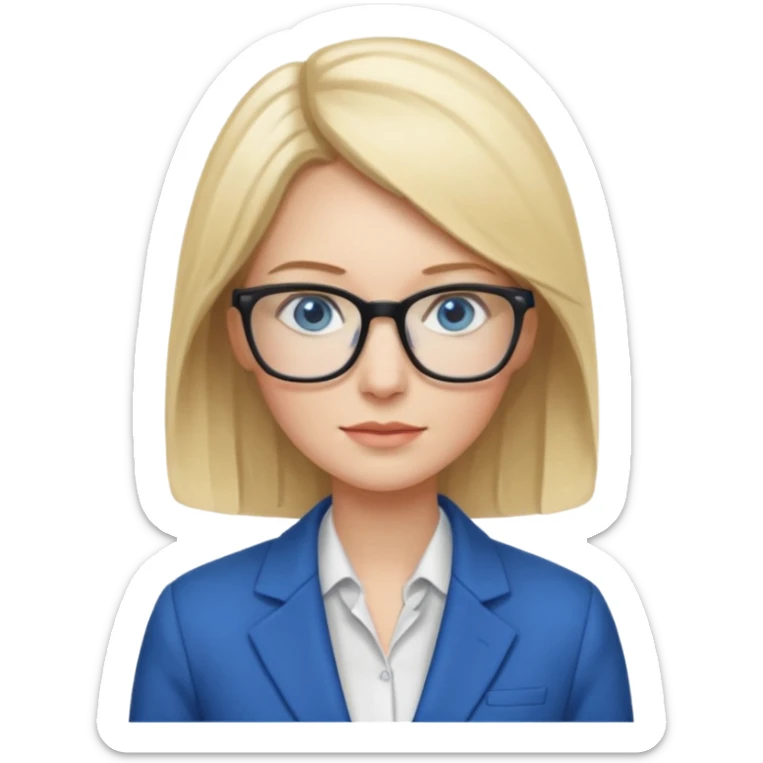 a woman, blonde highlights in hair, glasses and blue eyes. teacher sticker