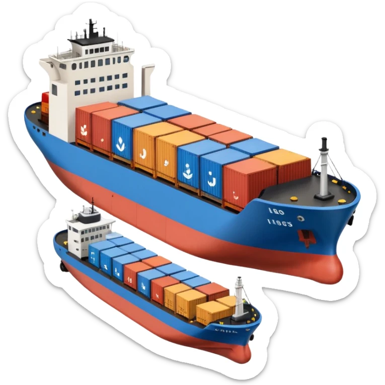 top view of a cargo ship, a truck, and an industrial company side by side, clear symbols, friendly colors sticker
