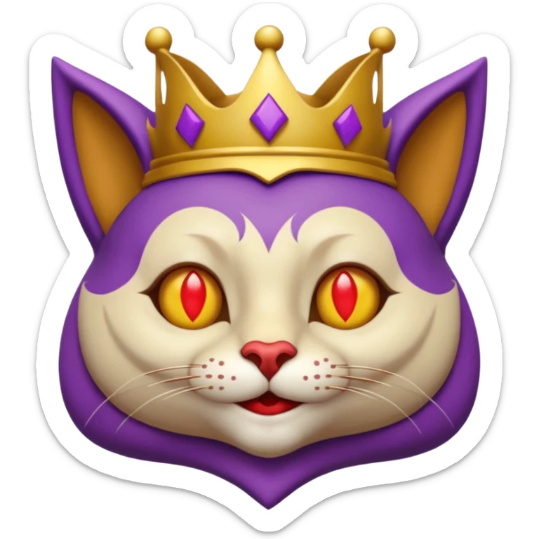 crazy colorful cute little cat jolly joker from poker, medieval, vintage, court jester, mac os icon, purple, gold and red color, half body. Squared shape as 3D mac os icon, symmetrical sticker