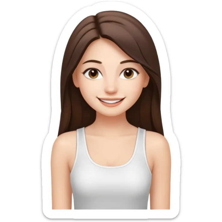 a pretty bratz fair girl with straight brunette long hair, middle partition. wearing a white thin strap trap tank top, smiling, wearing light makeup. very pretty. sticker