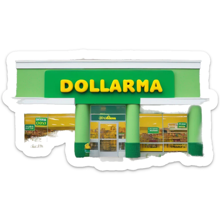 “Exterior of a Dollarama store with the bright green facade, bold yellow Dollarama sign, large front windows, and entrance doors, capturing the look of a budget-friendly retail store.” sticker