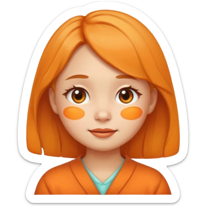 cute girl emoji with round face, teary eyes, soft cheeks, gentle smile, small tangerine-shaped hairpin, warm, emotional, cartoonish sticker
