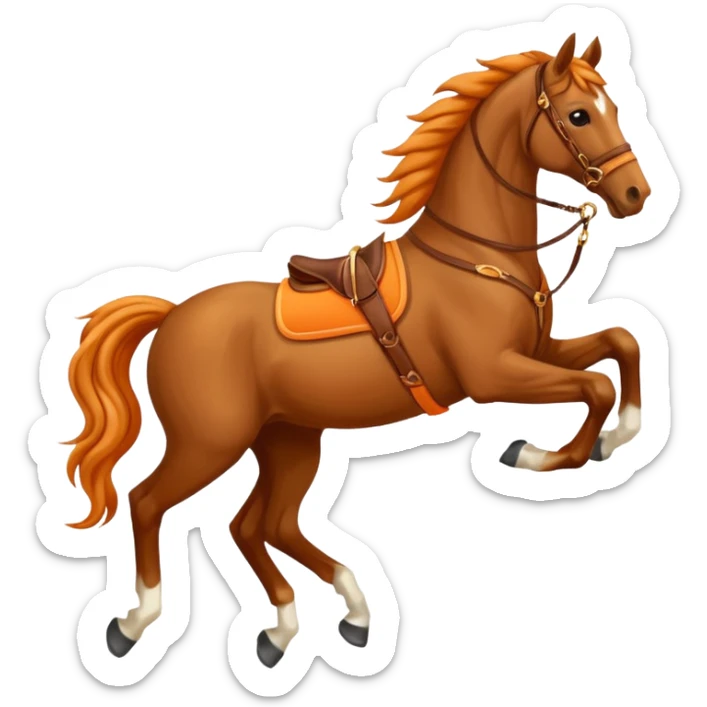 Hermès-style horse jumping with orange and gold harness, luxury, cute emoji style sticker