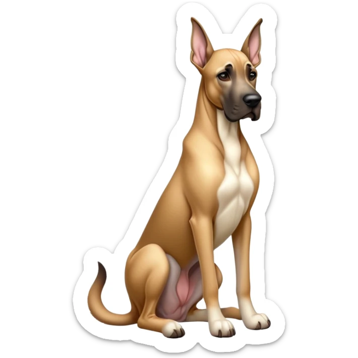 cinematic-[fawn great dane]-realistic-full-body-sitting-emoji,-tail-resting-loosely-beside-its-paws,-head-tilted-dramatically, ears down-sleek-[fawn]-fur,-simplified-yet-realistic-focused-features,-highly-detailed,-glowing-with-an-almost-sarcastic-glow sticker