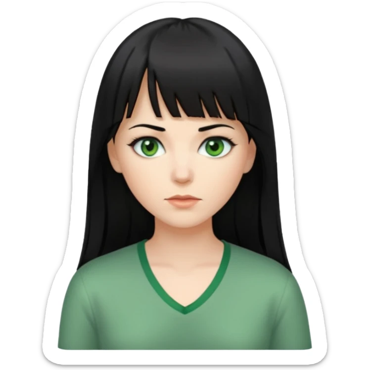 A white woman with Long straight hair with bangs, black hair, green eyes and a low-cut shirt sticker