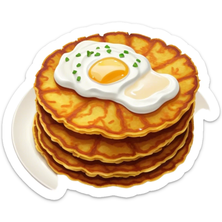 Cinematic Realistic Placki Ziemniaczane Dish Emoji, depicted as crispy potato pancakes served with sour cream rendered with vivid textures and warm, appetizing lighting. sticker