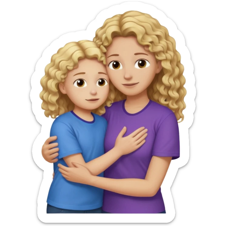 a mother with blond curly long wearing purple hugging his son with brown hair wearing blue and like saying its okay sticker