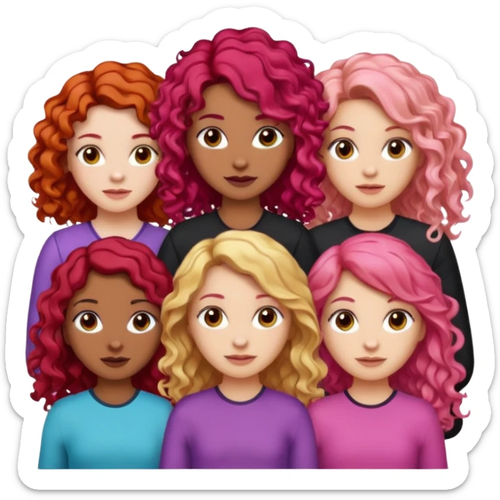 5 girlsone curly redhead, one with brunette dyed blonde hair, one long haired wavy brunette, one mid-length haired brunette, and one black haired girl with partially dyed bright red/pink hair sticker