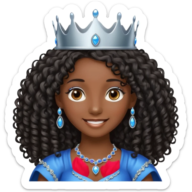 Por favor hazme el emoji de la princesa pero morena con el pelo negro y rizado y largo, los ojos marrones y la corona plateada con jollas azules sticker