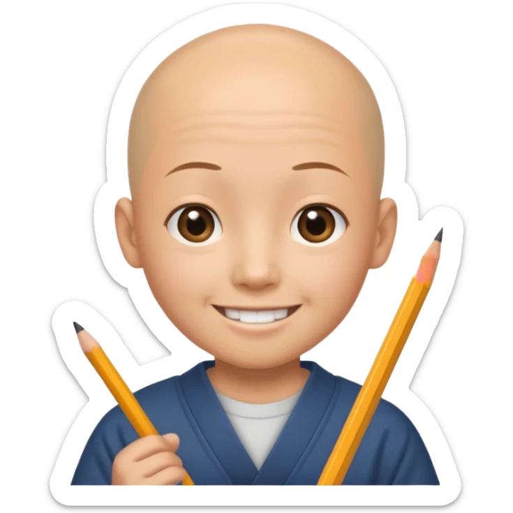 quero um personagem de descendencia japonesa, um pouco calvo e sorrindo com um lapis na mao sticker