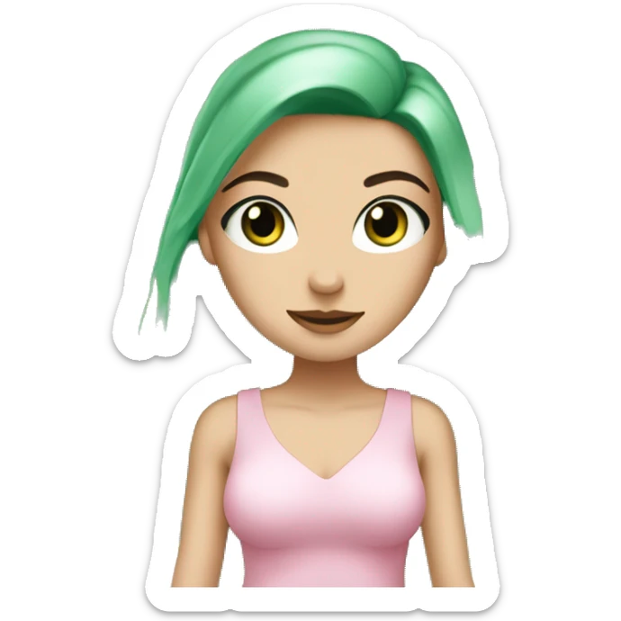 white girl with very long black hair and green eyes and light pink outfit holding a ton of shopping bags sticker