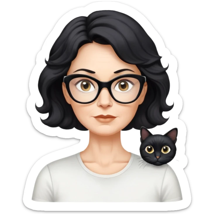 white woman about 50 years old with light warm skin, wavy black hair to the neck, neutral determined expression, large black shiny butterfly or cat-eye glasses, white casual t-shirt, calm and creative energy sticker