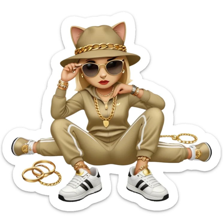 female cat dressed like Run DMC in tracksuit, fedora, Adidas shoes, dark sunglasses, lots of gold chains, rings, bracelets, earrings, lying on the ground after falling sticker