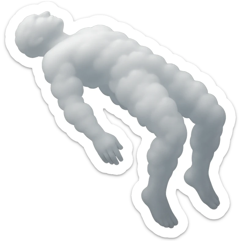 side view unconscious person flying with torso upwards, limbs downwards, made of white fluffy clouds, matte glass style sticker