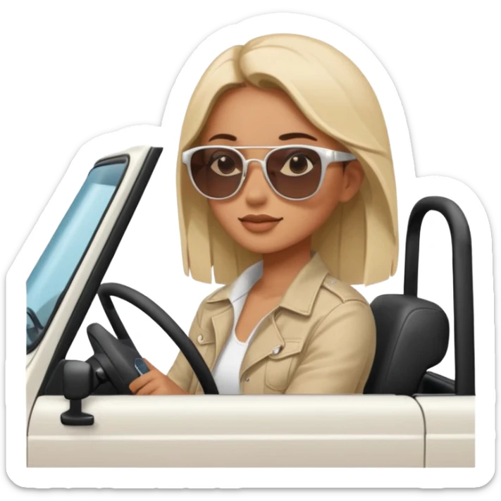 make the jeep white color, show a 45 degree angle and the girl giving a side look sticker