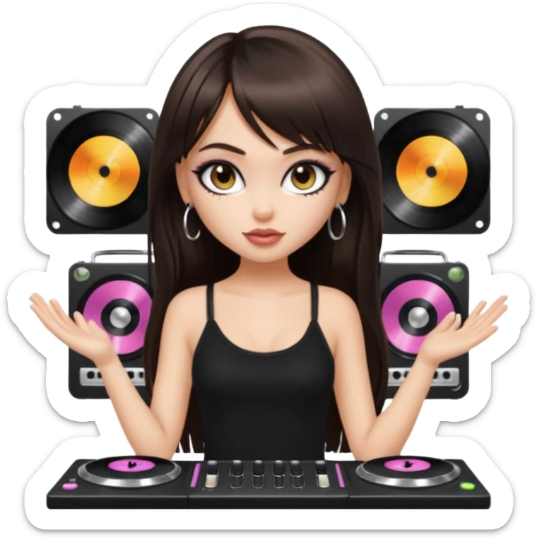 generate a pretty bratz girl in black cami top, dark brown straight long hair with bangs, eyeliner on, djing, fair sticker