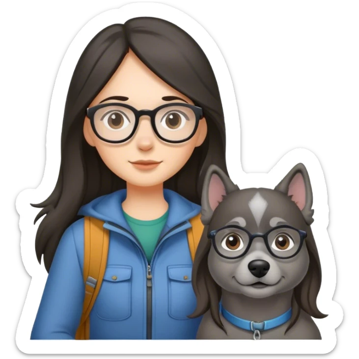 Girl with glasses and long dark hair hiking with grey dog sticker