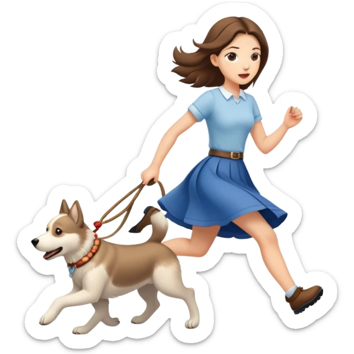 A beautiful girl with fair skin wearing a skirt happily chases the Alaskan dog sticker