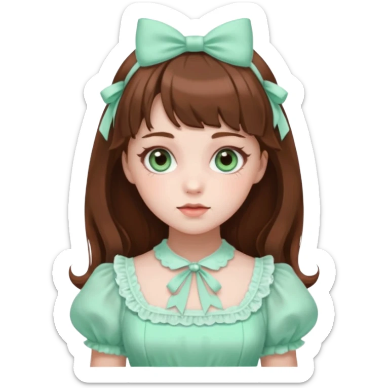 sweet lolita with brown hair, amber eyes, white skin, wearing a mint green dress sticker