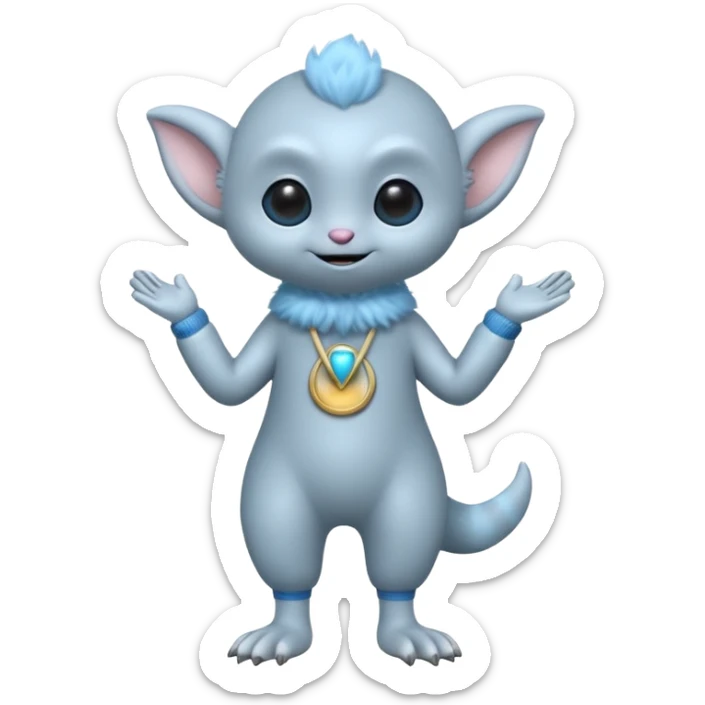 full body ...cute peacefull alien furry with 2 legs ....it has 1 eye....stands upright and looks intelligent ...wears clothing. is light grey and light blue..looks happy and cuddly... doesnt have eyes on face, there is a appendage coming from top of head with a single large eye sticker