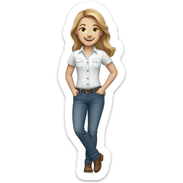 White girl with medium length light brown hair in denim jeans and white shirt smiles sticker