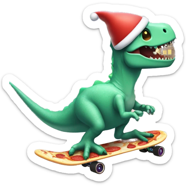 Dinossur riding a skateboard eating ice cream in one hand and pizza inbthe other with a Santa hat in the snow skating by a haunted house with bats flying around it sticker