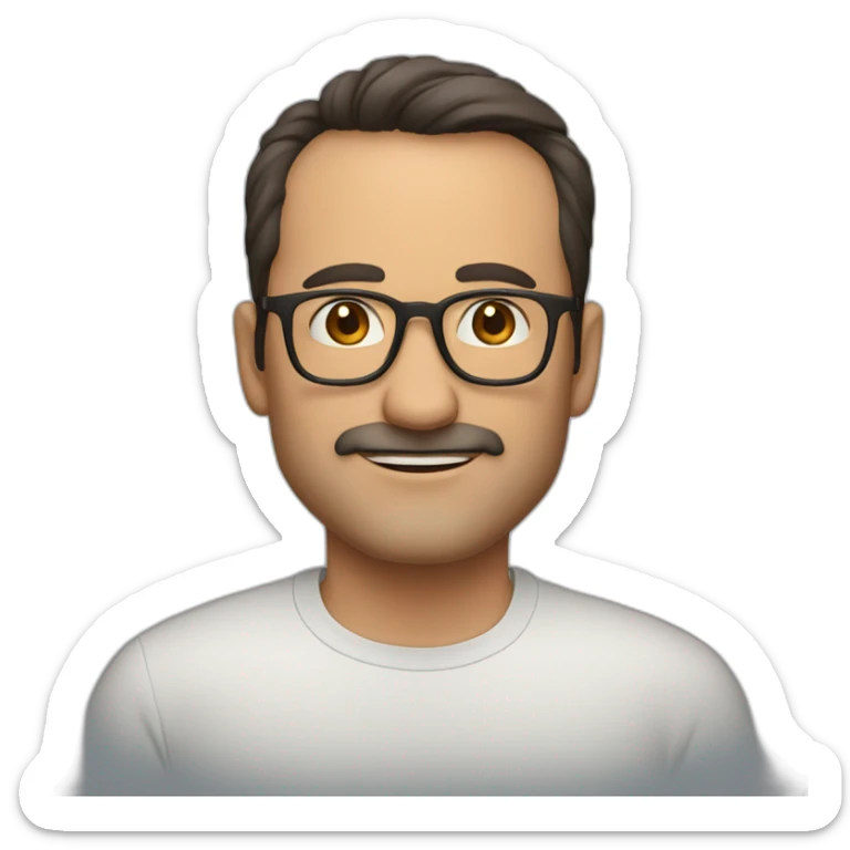 Handsome 50 year old man with dark brown hair and brown glasses. No facial hair. Wearing a shirt sticker