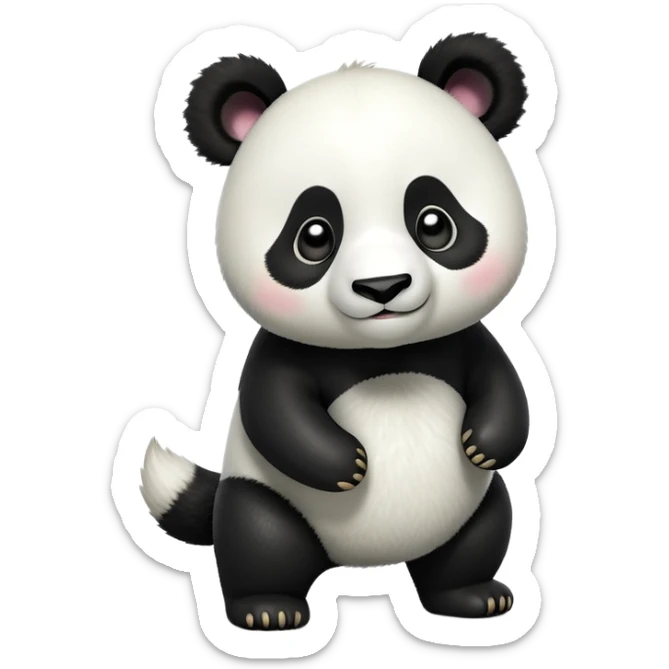 cinematic-[panda bear]-realistic-full-body-standing on all fours-emoji,-tail-tucked-close,-head-tilted-dramatically,-thick-[black and white]-fur,-simplified-yet-realistic-focused-features,-highly-detailed,-glowing-with-an-almost-sarcastic-glow sticker