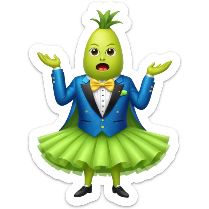 Angry blue banana fruit wearing a sparkly lime green tuxedo and tutu sticker