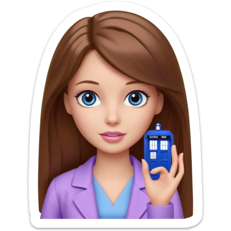 beautiful barbie girl with long brown hair, blue eyes and wearing light purple clothes watching doctor who sticker