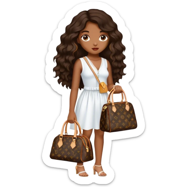  Brown girl with dark brown medium beach wavy hair carrying one Louis Vuitton purse on her arm while standing  sticker