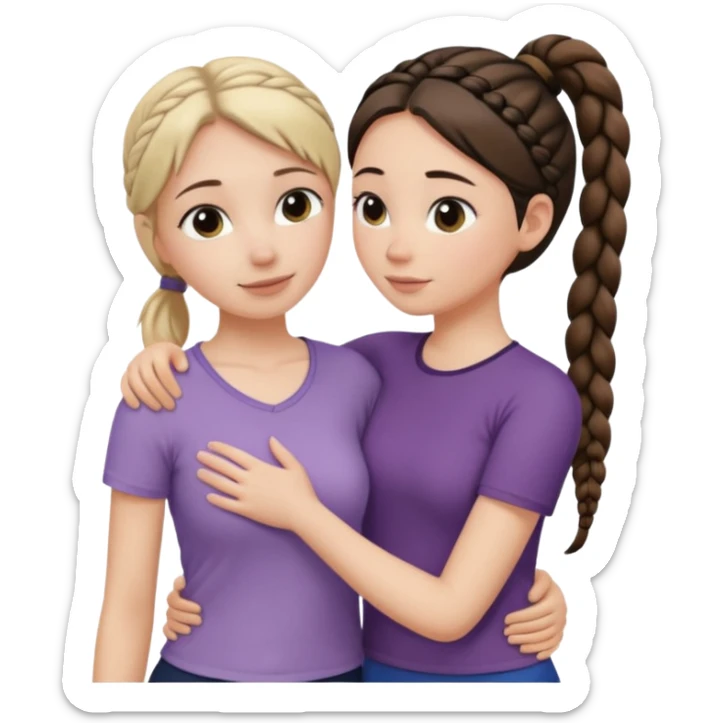 Comforting Hug two white skin women, one shorter woman with medium brown simple top ponytail, not braided, and one taller woman with a single long black side braid sticker