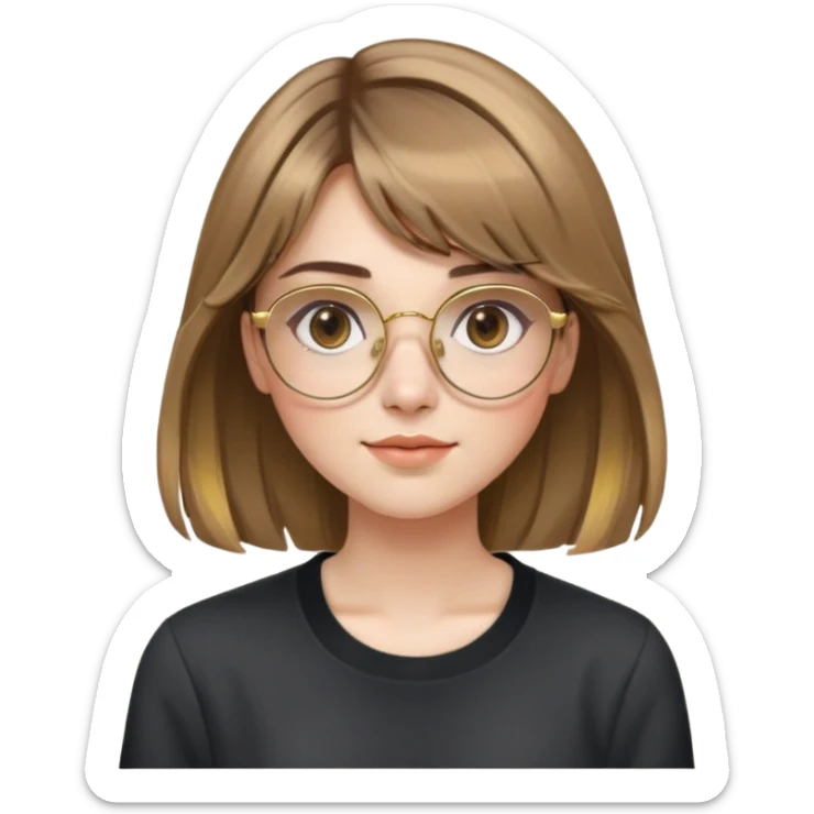 young adult woman with fair skin, round face with soft cheeks, light brown hair with golden highlights, voluminous and straight with slight waves, long bangs over eyebrows, large octagonal gold metal frame glasses, dark casual shirt, friendly and creative expression sticker