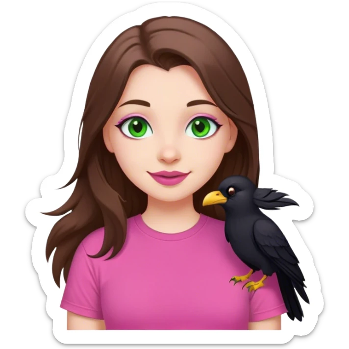 mid sized white skinned girl with green eyes and long brown hair with a crow on her shoulder smiling maniacally in a pink t-shirt with pink lips sticker