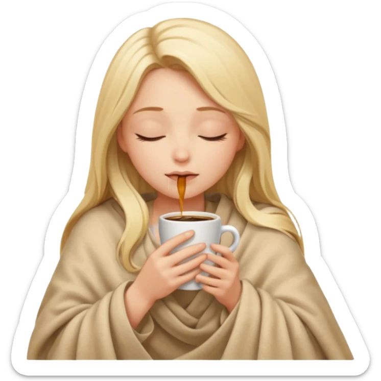 Blonde girl long hair inside a beige blanket sipping coffee eyes closed sticker