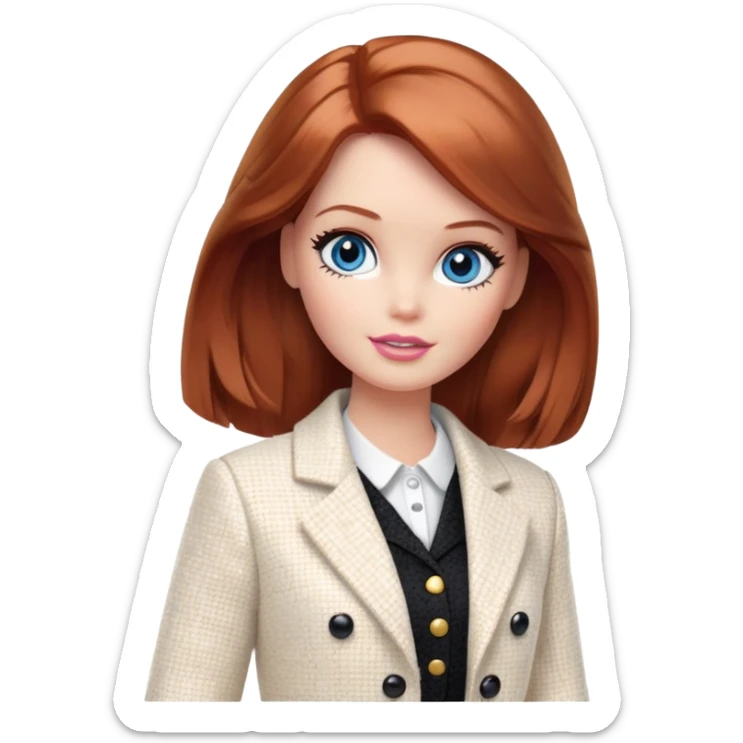 A Barbie girl with blue eyes, shoulder-length reddish-brown hair with makeup, wearing a white tweed jacket and a black skirt stands with cream sticker